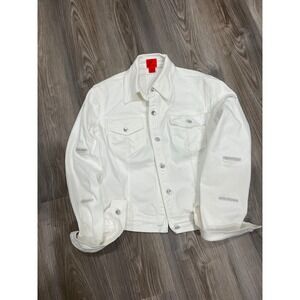 Very Vera Women's White Denim Jacket Rhinestone Cutout Sleeve Trucker Jacket  M